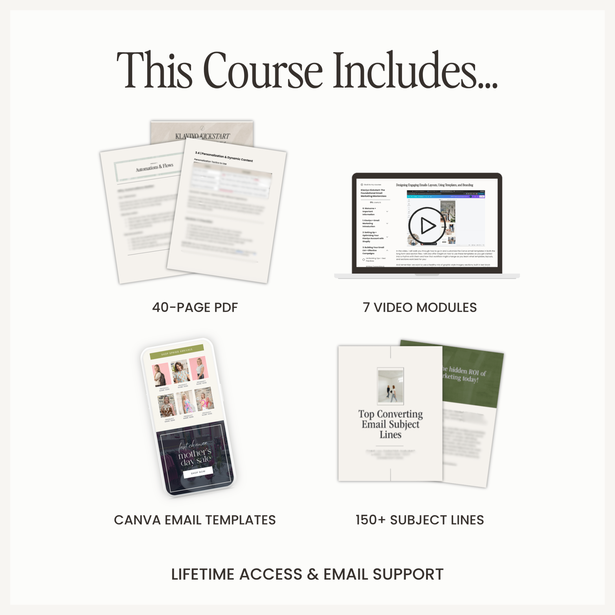 Klaviyo Kickstart email marketing course for retailers by Simply Lynn's Creative, featuring course materials and branding visuals.