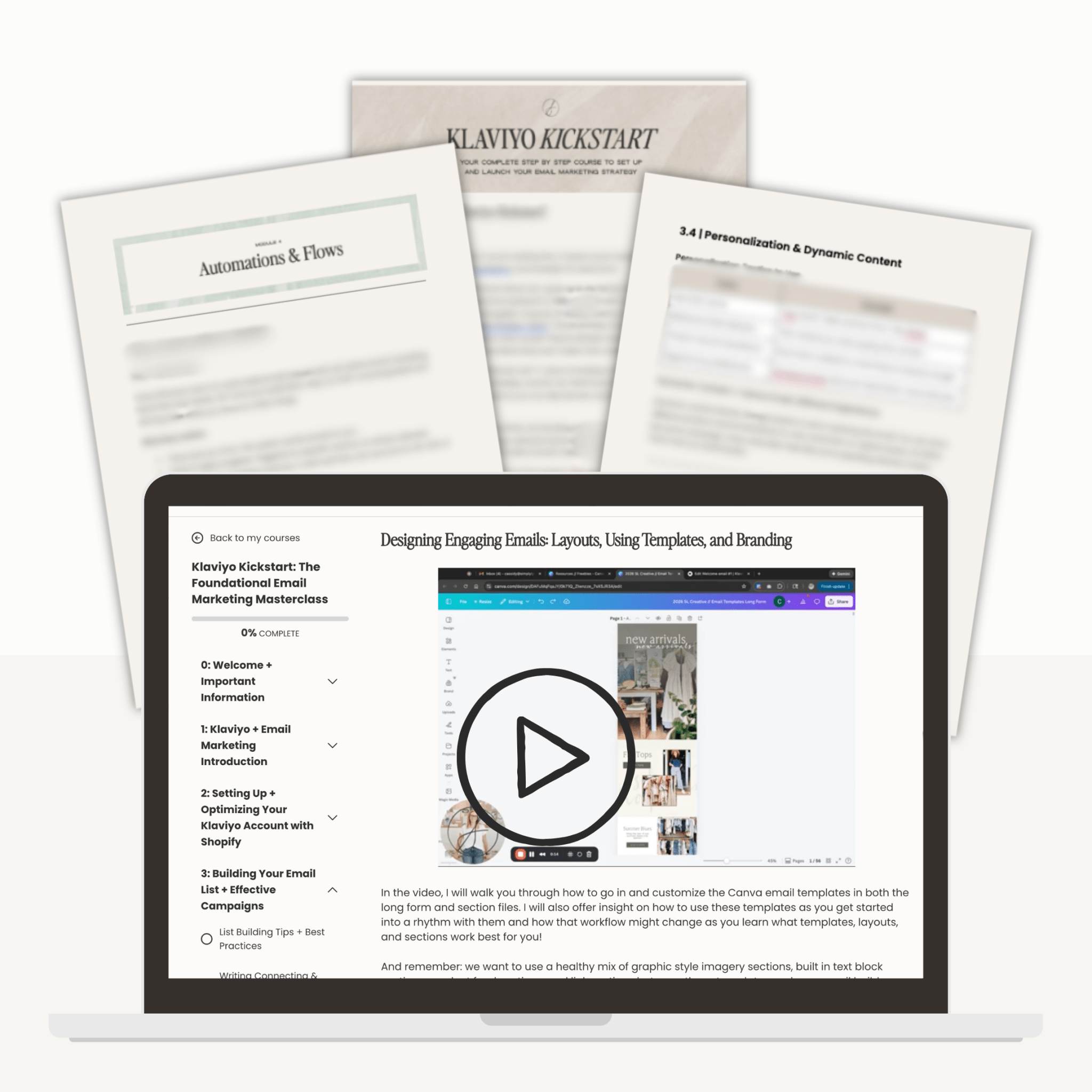 Klaviyo Kickstart email marketing course for retailers by Simply Lynn's Creative, shown as a digital course interface on screen.