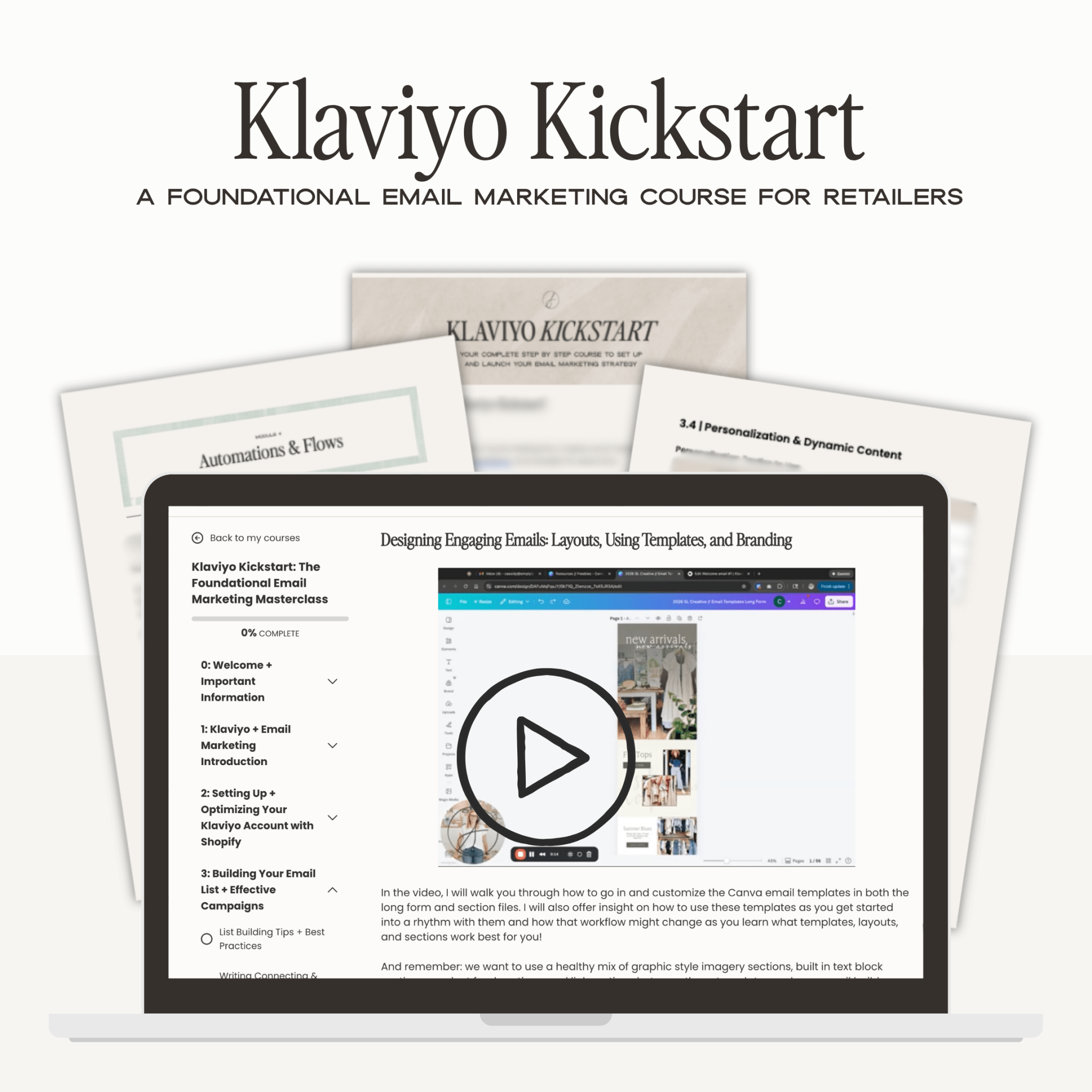 Klaviyo Kickstart email marketing course for retailers by Simply Lynn's Creative, featuring course overview and branding visuals.