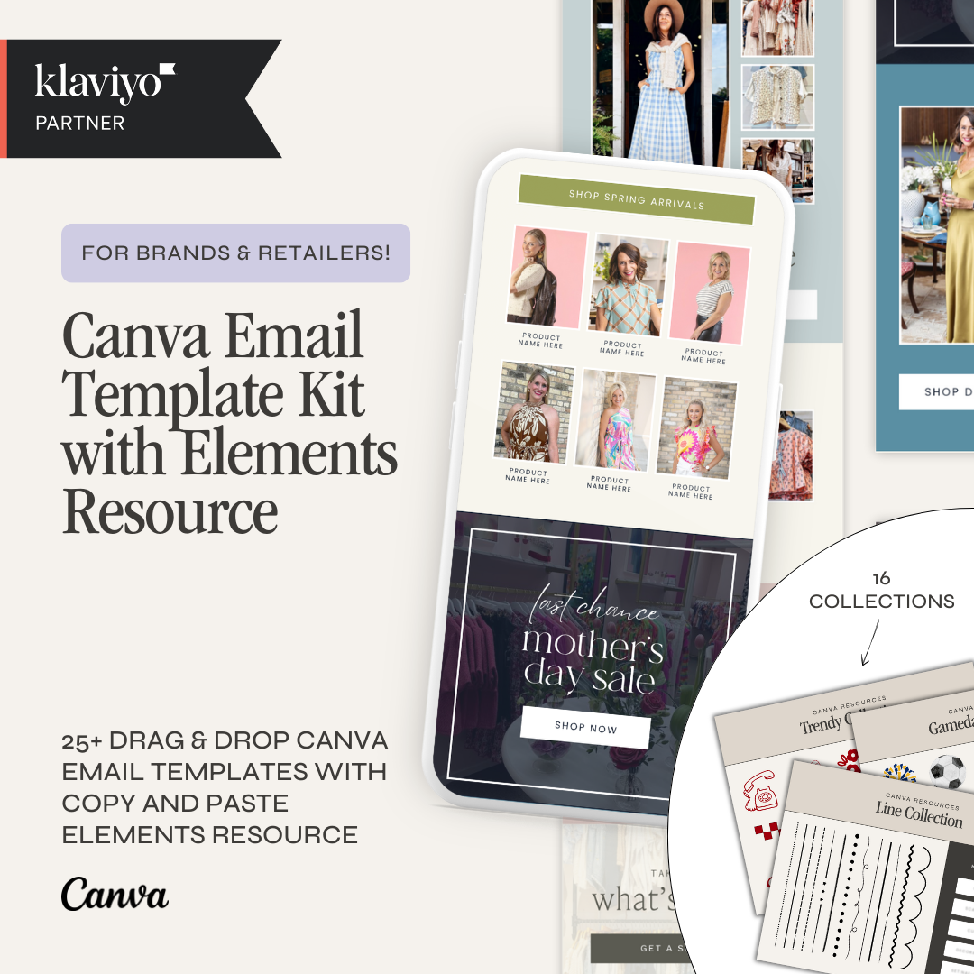 Canva email template with matching elements kit from simplylynnscreative, featuring colorful design components for email marketing.