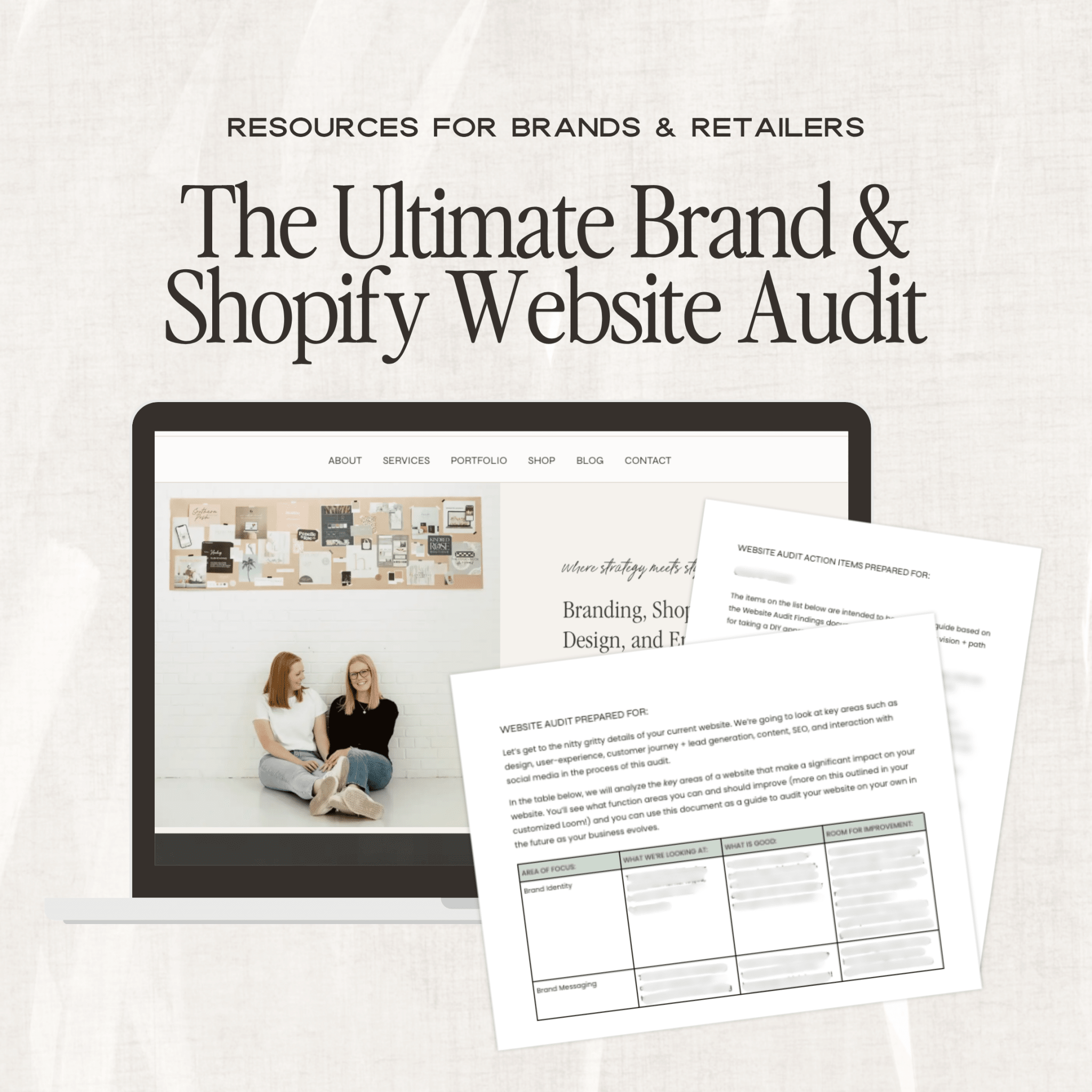 Screenshot of The Ultimate Brand & Shopify Website Audit by simplylynnscreative, showing audit report with charts and analysis details.