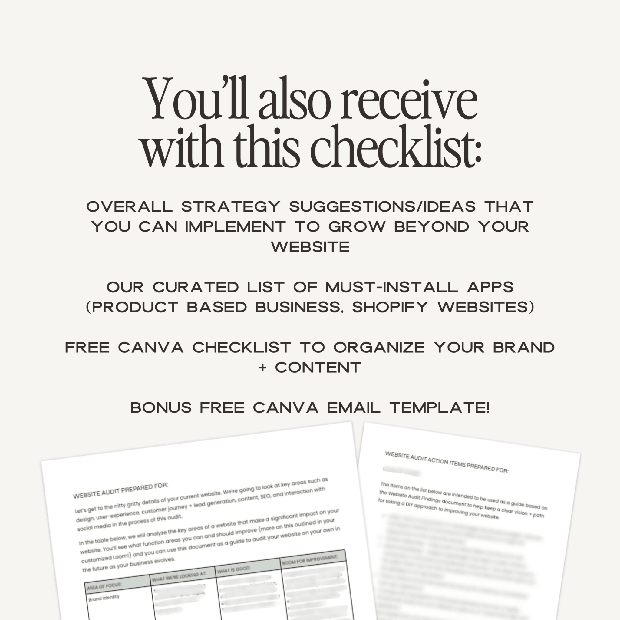 Screenshot of The Ultimate Brand & Shopify Website Audit by simplylynnscreative, showing audit report details and analysis layout.