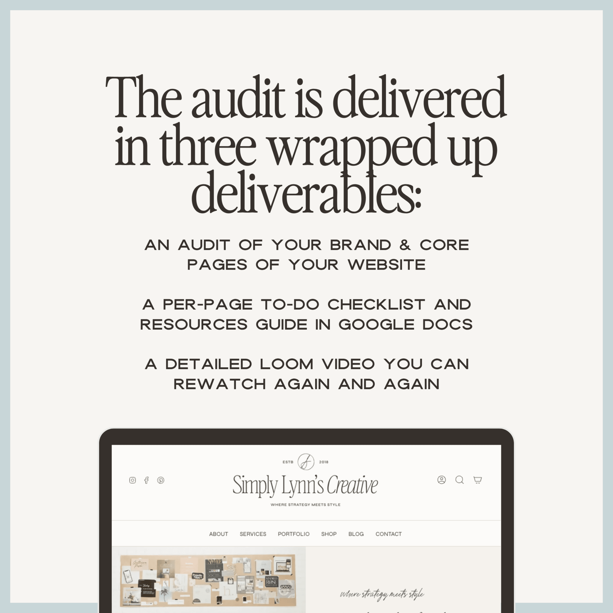 Screenshot of The Ultimate Brand & Shopify Website Audit by simplylynnscreative, showing audit results and analysis on a digital interface.