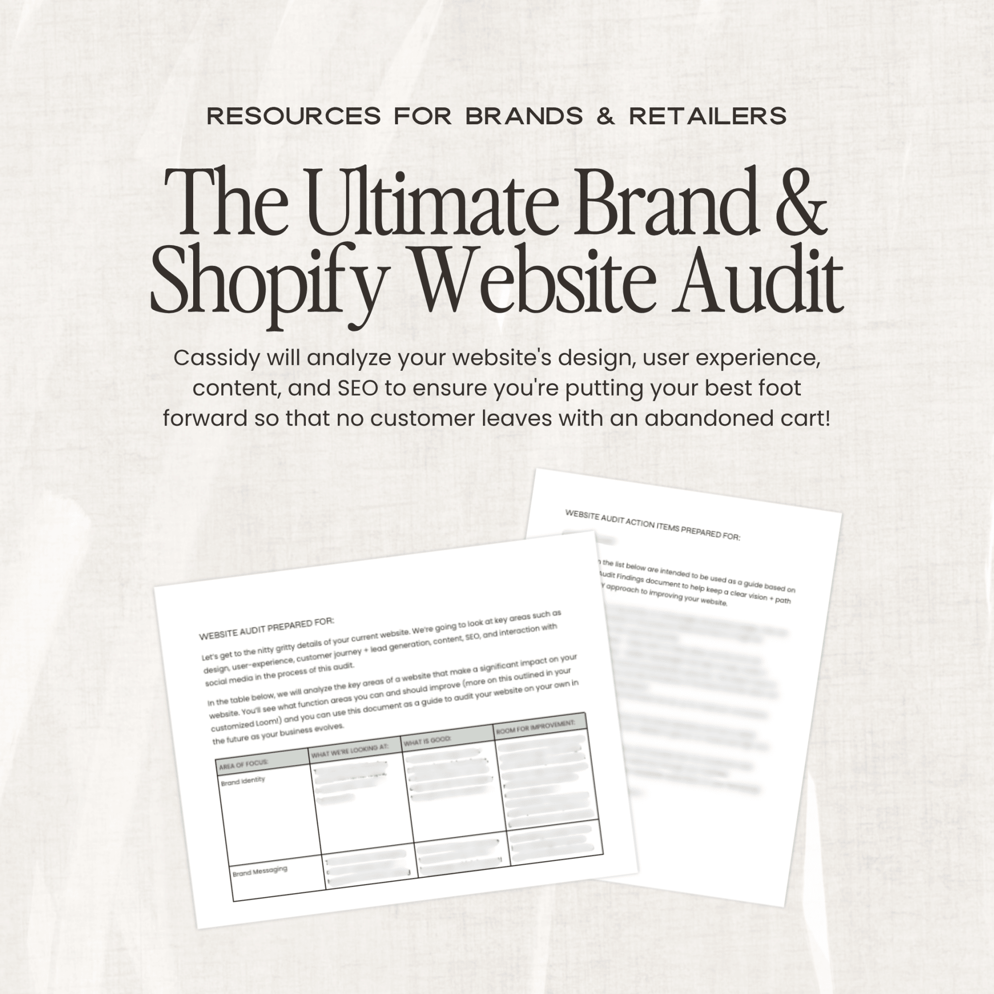 Screenshot of "The Ultimate Brand & Shopify Website Audit" by simplylynnscreative, showing audit report with analytics charts and branding insights.